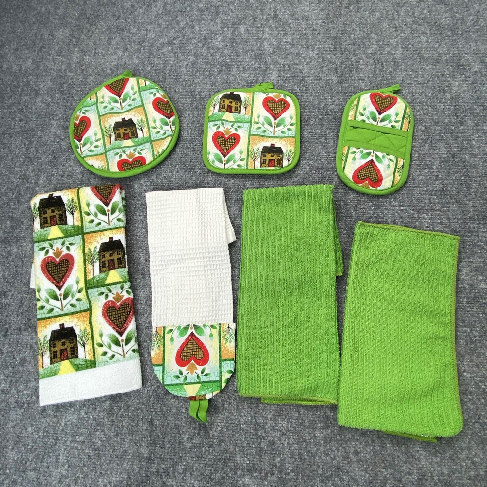Kitchen Towel Set 7 Pc Green Heart House Print Oven Mitts Potholders Farmhouse